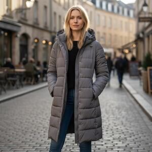 Cole Haan Signature Down Pufffer Coat Long Hooded Gray Quilted Size S